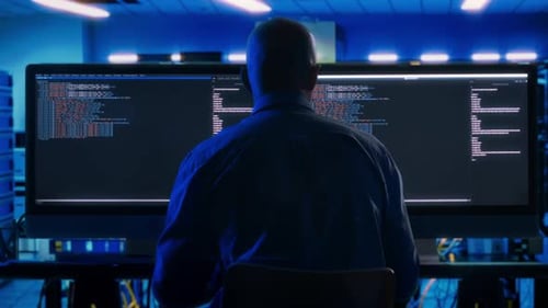 Programmer Coding on Dual Monitor PC in Data Center