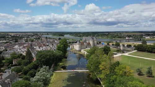 Aerial view of Chateau de Sully-sur-Loire with River Loire, France.