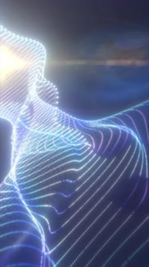 Ein Hightech-Drahtgitternetz, das in neonblauem und weißem Licht leuchtet und ein digitales Futuristisches erzeugt