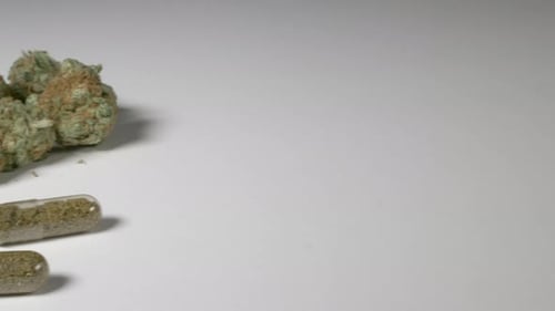 Cannabis Buds and Capsules on White Surface