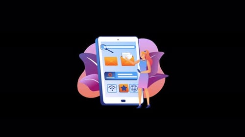 Woman interacting with a large smartphone screen design