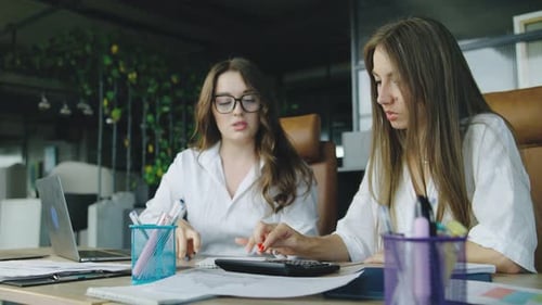 Two Professional Women Collaborate on Financial Analysis in a Modern Office Setting During the