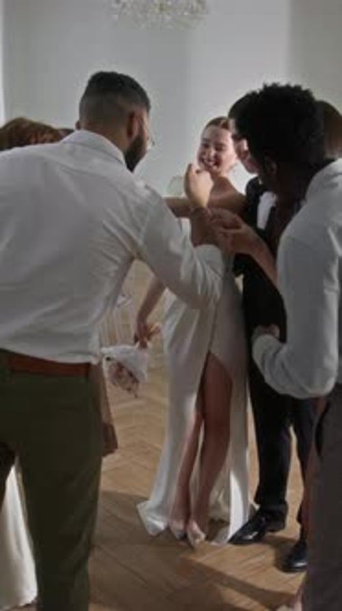 Joyful Wedding Day Posing with Happy Friends