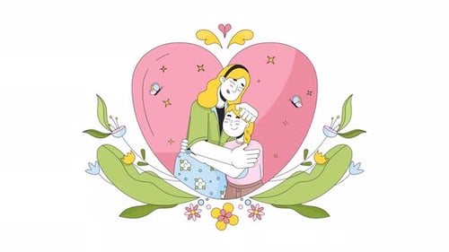Animated Mother and Child Hugging with Floral Frame