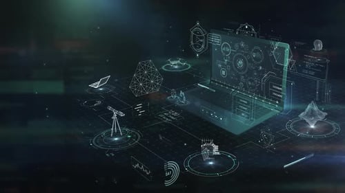 Ordinateur portable présentant une interface futuriste avec des icônes de l'astronomie et de la recherche scientifique