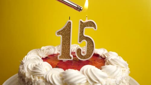 15. A candle in the form of the number 15, inserted into the holiday cake, is lit. Celebrating a bir