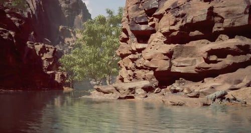 Majestic Rock Formations at a Tranquil Waterhole in an Ancient Canyon