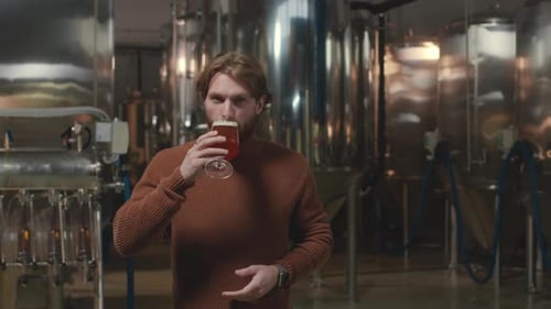 Man Drinks Beer in Brewery, Mid Shot