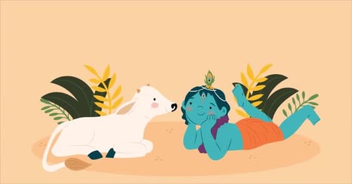 Happy Janmashtami Greeting with Lord Krishna and Calf Animation
