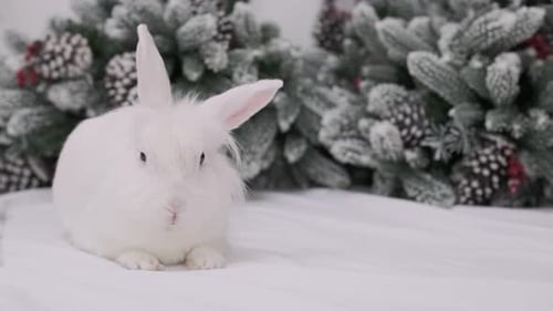 Fluffy White Rabbit with Winter Decorations
