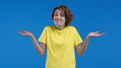 Confused Woman Shoulders Up Cant Help Makes Gesture of I Dont Know