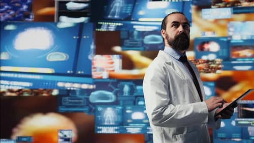 Man in Lab Coat Using Tablet in Futuristic Setting