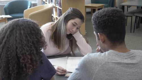 Dedicated high school students studying together in a busy library study hall