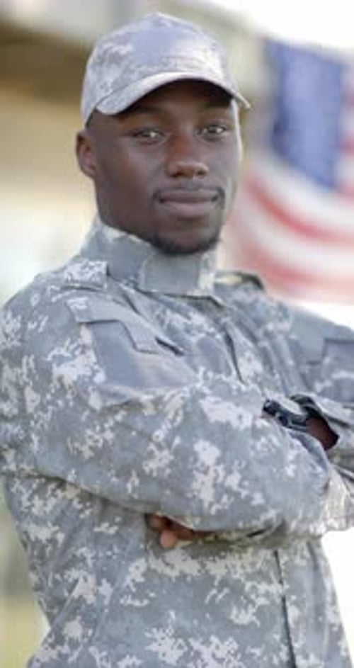 Smiling Soldier Portrait with American Flag Background