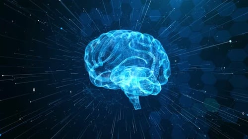 Wireframe, Cyber-Mind, Mensch, KI, Technologie, Zukunft, maschinelles Lernen, Gesicht, Leiterplatte, binärer Datenfluss