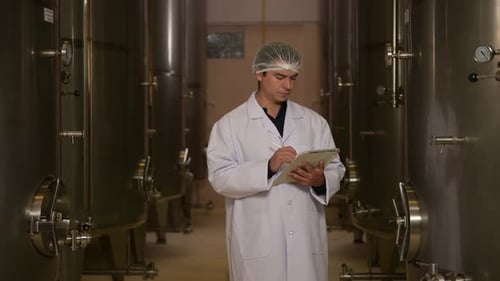 Vigneron professionnel contrôlant le processus de fabrication et la qualité du vin dans une usine vinicole