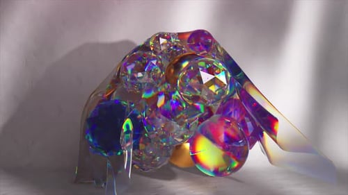 Abstract Concept Diamond and Metal Colored Balls Move in Waves Gems Rainbow Glow Transparent Cape 3d