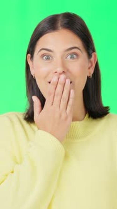 Face, shocked and woman with green screen in studio for fake news, unexpected gossip and disbelief