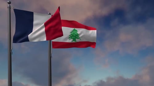French and Lebanese Flags Waving Together