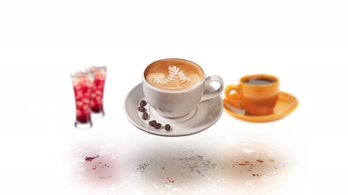 Bewegungsanimation von Cola, Kaffee, Espresso und Saft. Verkaufsshow für heiße und kalte Getränke.