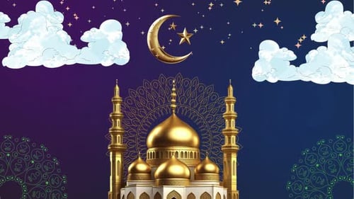Animated Golden Mosque with Crescent Moon and Stars for Islamic Celebrations