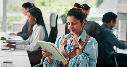 Media agency, thinking and woman with tablet, internet and copywriting with article publication