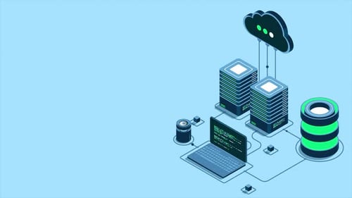 Animación de computación con tecnología en la nube. Tecnología de nube moderna. Concepto isométrico de centro
de datos