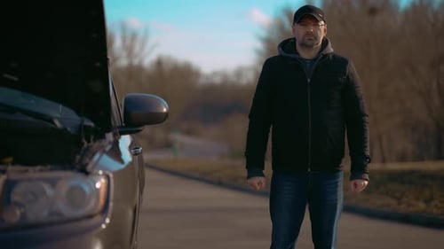 Trauriger Mann, der neben einem kaputten Auto mit offener Motorhaube auf der Straße steht, braucht Hilfe bei der Reparatur des Motors