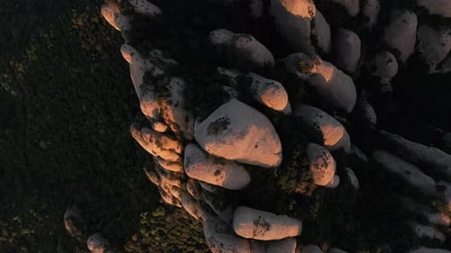 Aerial views of Montserrat peaks, a mountain range in Catalonia. Unique Montserrat mountains