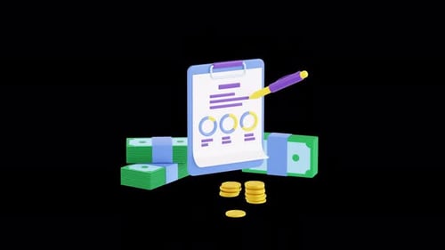 3d animation of money and clipboard. Financial diagram and charts