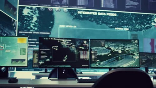 Empty Military Operation Room Headquarters with a Big Screen and Desks