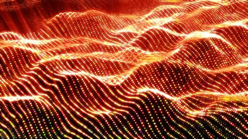 Abstract bright glowing yellow sun waves and lines from particles and dots in the form of a field