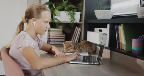 Das Kind ist mit einem Laptop verlobt in ihrem Zimmer neben ihr ist eine rote Katze