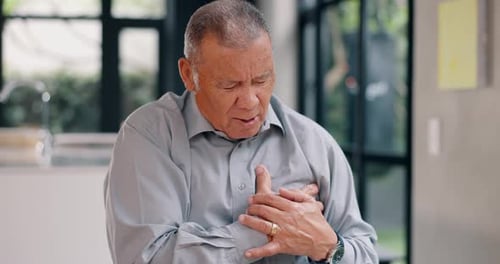 Old man, heart attack and cardiovascular health with chest pain, risk of hypertension