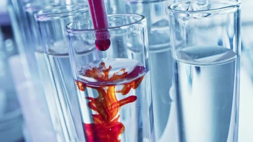 Pipette Dropping Blood into Test Tubes, Blood Test, and Analysis in Medical Research Laboratory. Ph