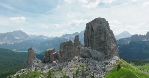 Aerial view of Cinque Torri in the Italian Dolomites
