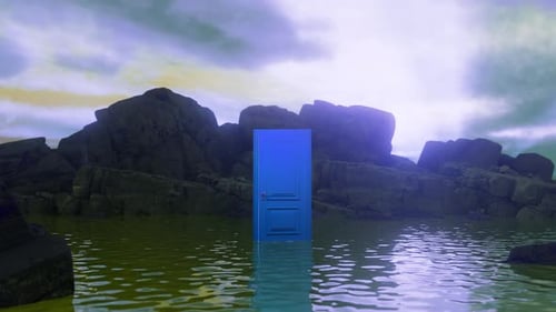 Mysterious blue door opening in surreal water landscape