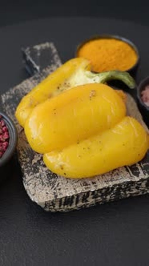Yellow Bell Pepper with Spices on Wooden Board