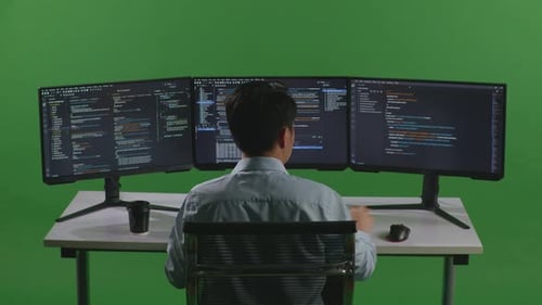 Back View Of Asian Man Developer Using Computer To Write Code With Multiple Screens In Green Screen