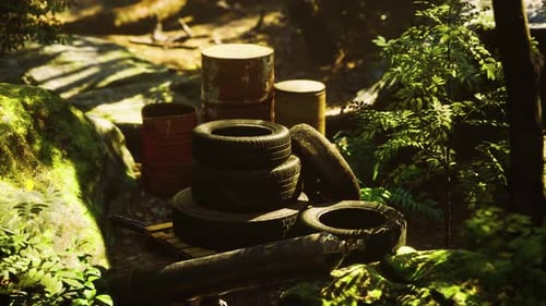 Old Used Wheels in the Tropical Forest As Pollution Concept