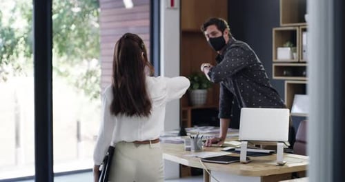 Covid, elbow greeting and business people in office with face masks for meeting or discussion