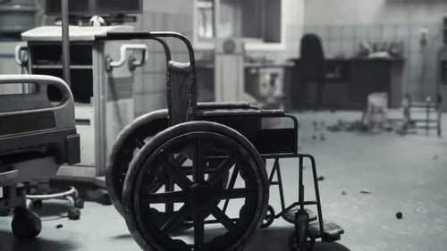 Abandoned Hospital Interior Featuring an Old Wheelchair and Scattered Debris