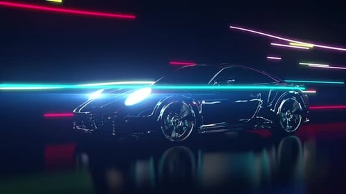 shiny black car moves at high speed in an abstract space with the effect of aerodynamics