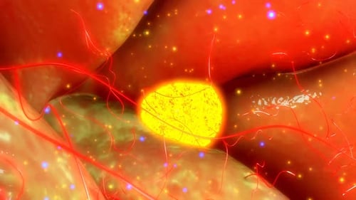 Vibrant digital illustration of glowing orange cells with dynamic blue lights