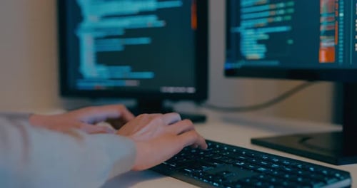 Closeup young adult Asia female freelance typing write prompt AI bot IT app program nomad.