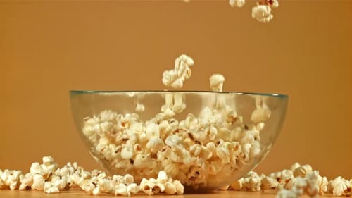 Popcorn Drops Into a Big Bowl Filmed on a Highspeed Camera at 1000 Fps