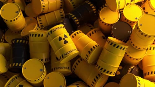 Dump of Yellow and Black Barrels with Nuclear Radioactive Waste Danger of Radiation Contamination of
