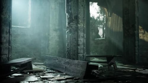 Abandoned Church With Benches and Light Streaming Through Windows