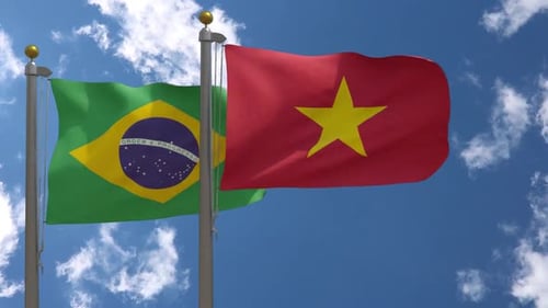 Brazil and Vietnam Flags Waving Together Animation