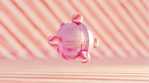 3D Rendering of Small Candy Balls Rolling on Pink Sphere in Loop